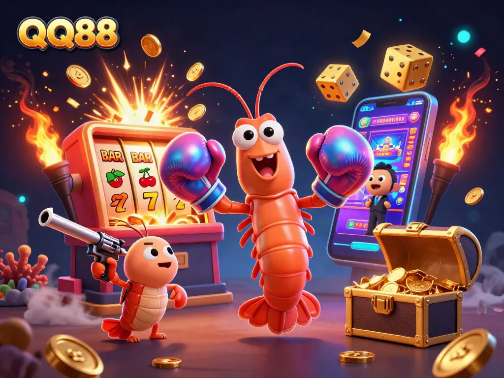 Experience thrilling wins at QQ88, featuring dynamic 3D illustration with vibrant casino elements.
