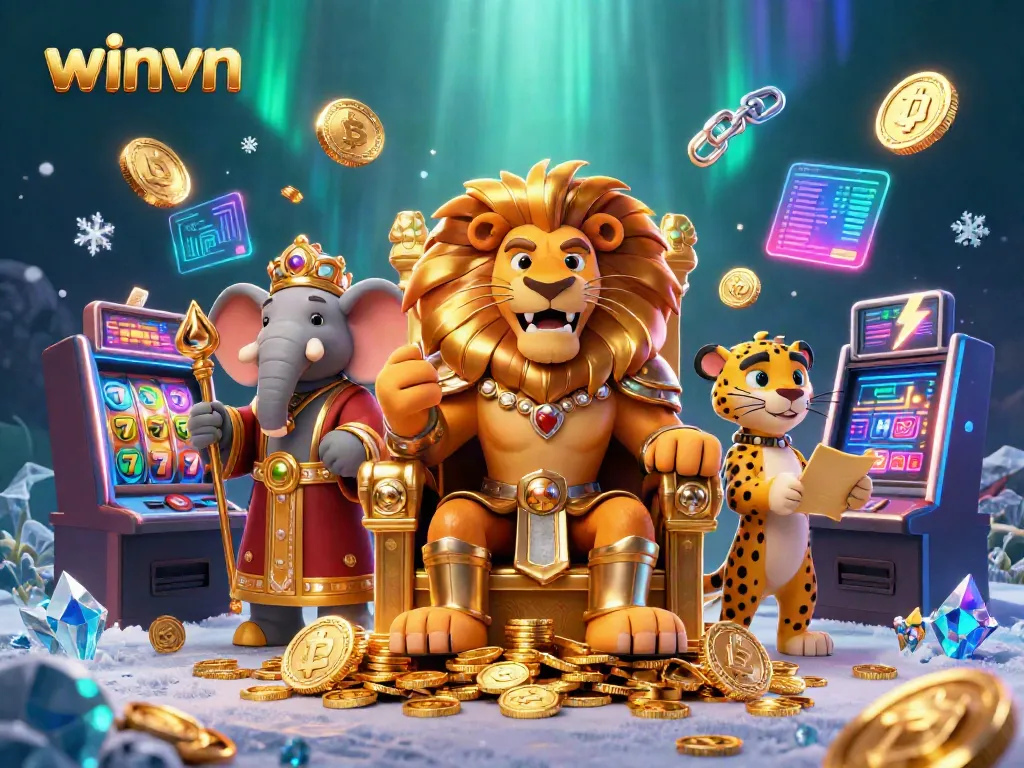 Experience endless wins at winvn with a fierce lion king, majestic elephant, and swift cheetah amid vibrant slot machines.