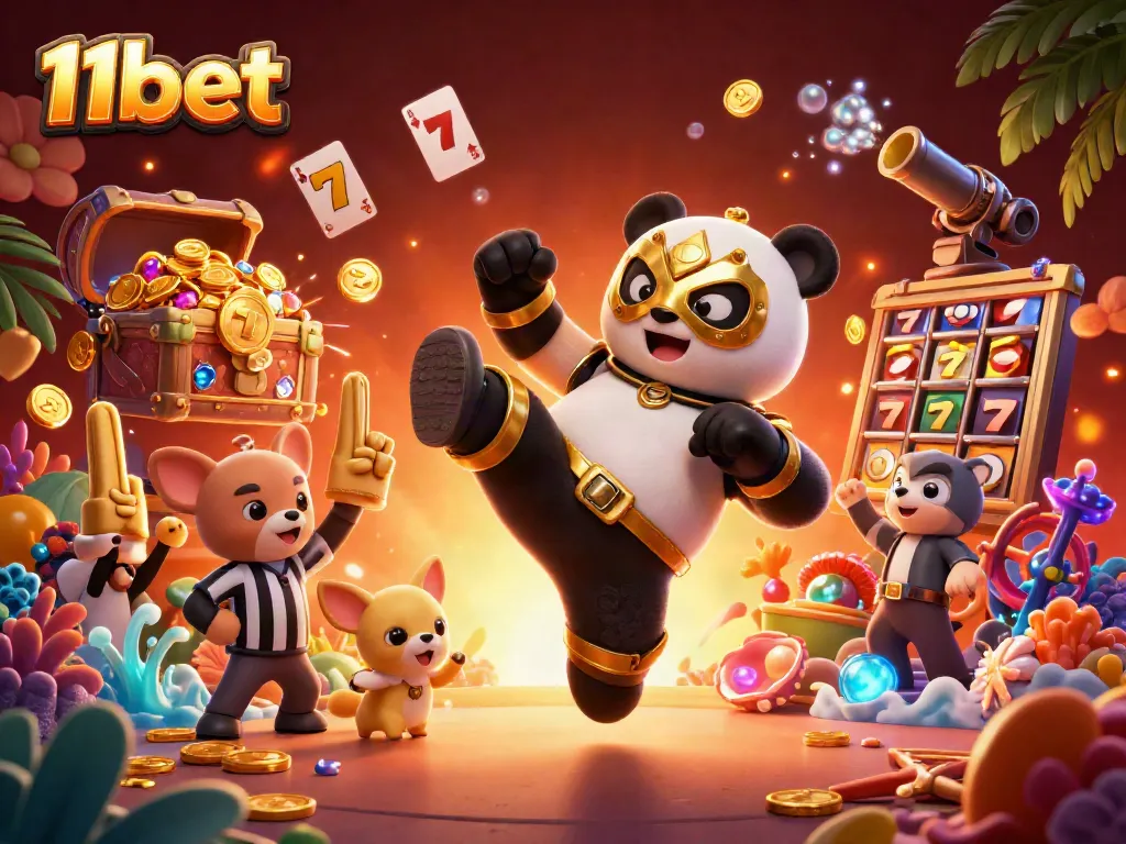Join the excitement at 11bet with a thrilling game illustration showcasing a flying panda wrestler in a vibrant casino scene.