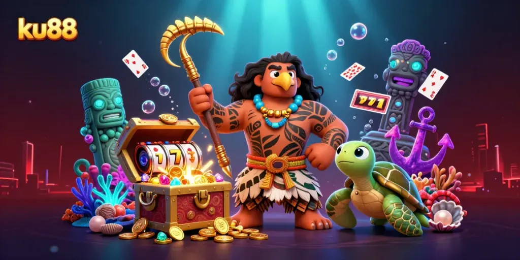 ku88 slots illustration with cartoon demigod and turtle in a vibrant casino setting