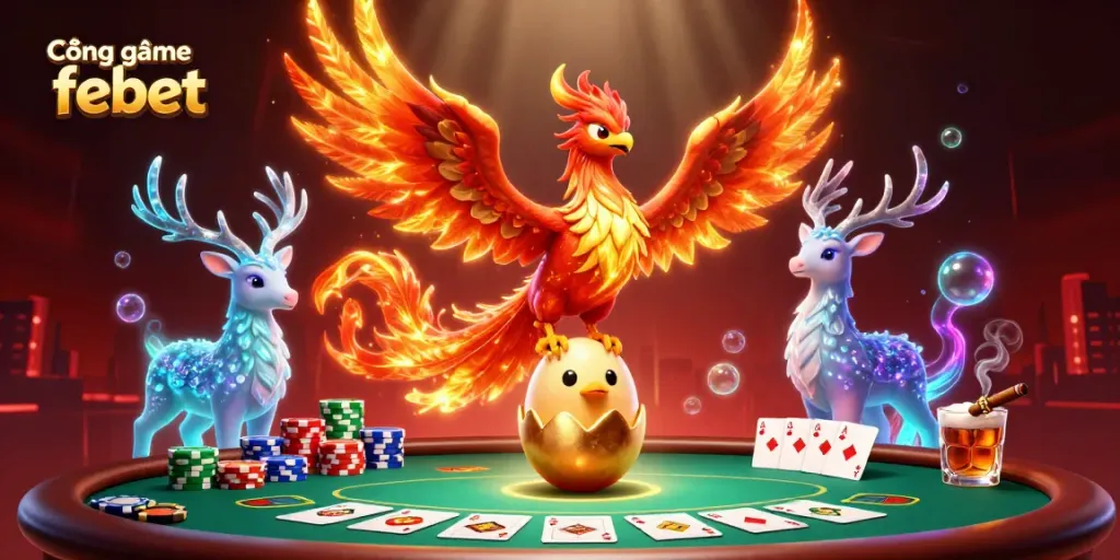 Join the thrilling action at Cổng game febet with a vibrant scene showcasing phoenixes and poker elements.