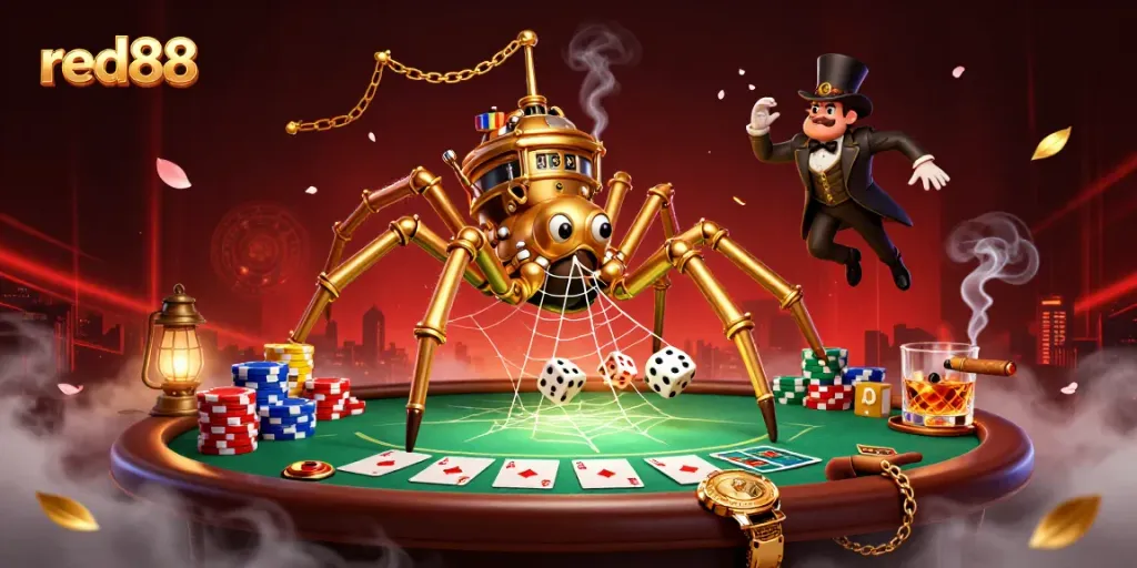 Experience the thrill of red88 with a lively steampunk spider catching dice in a vibrant casino scene.