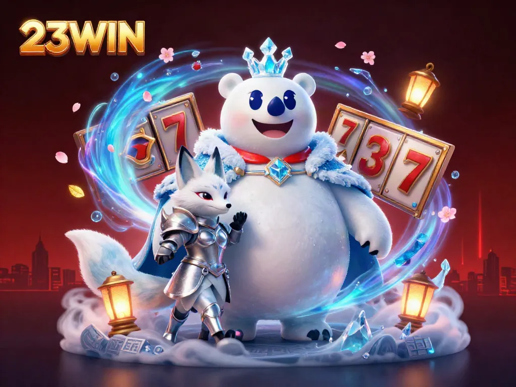 23WIN showcases a vibrant game scene with a polar bear and fox surrounded by slot reels and cherry blossoms.