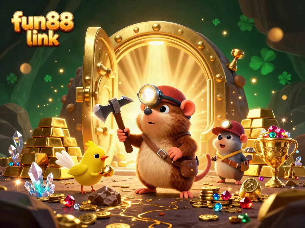 Join the fun88 link adventure with a treasure-hunting mole and his canary companion in a vibrant casino scene.