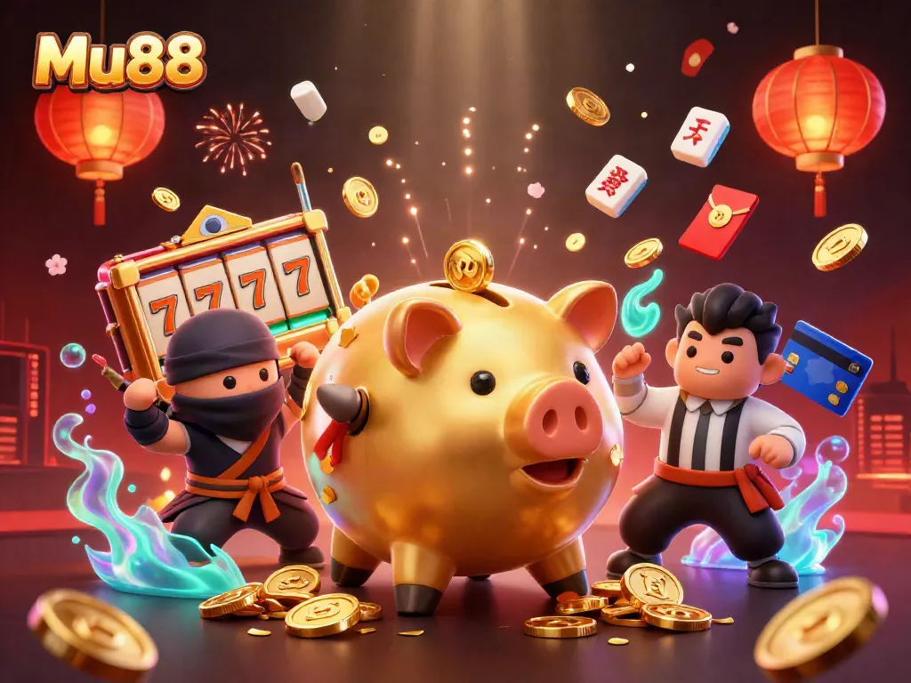 Mu88 casino features a dynamic scene with a golden piggy bank sumo wrestler, ninja, and samurai.