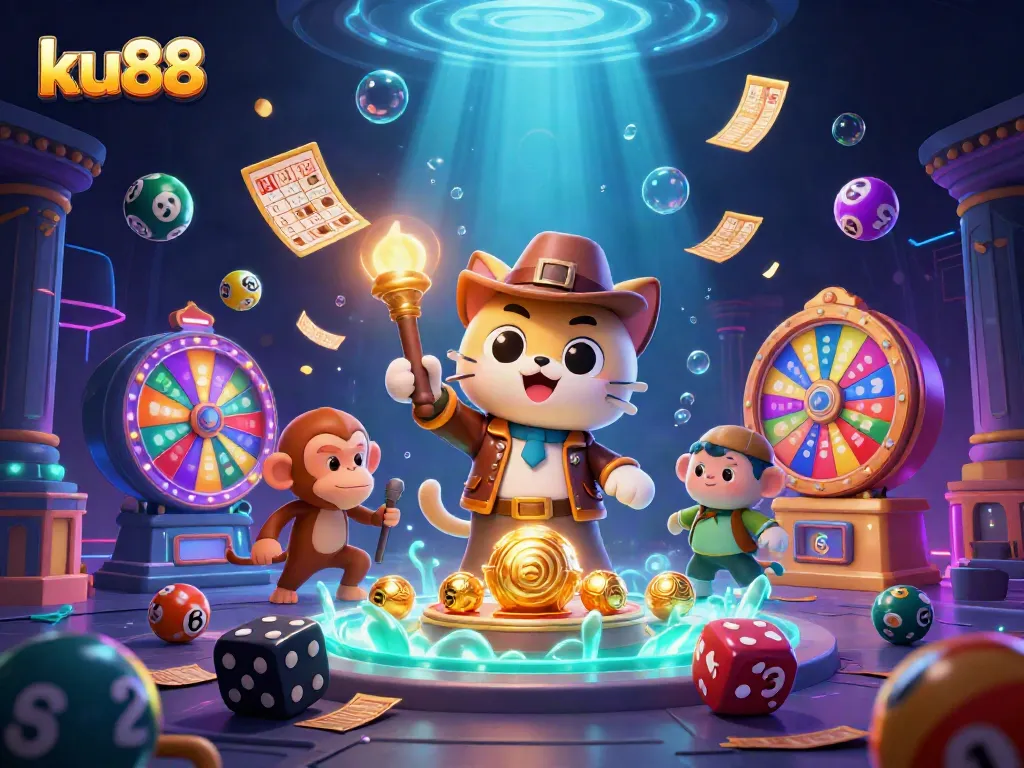 ku88 gaming experience illustrated with an adventurous cat discovering a golden casino artifact in a vibrant temple.