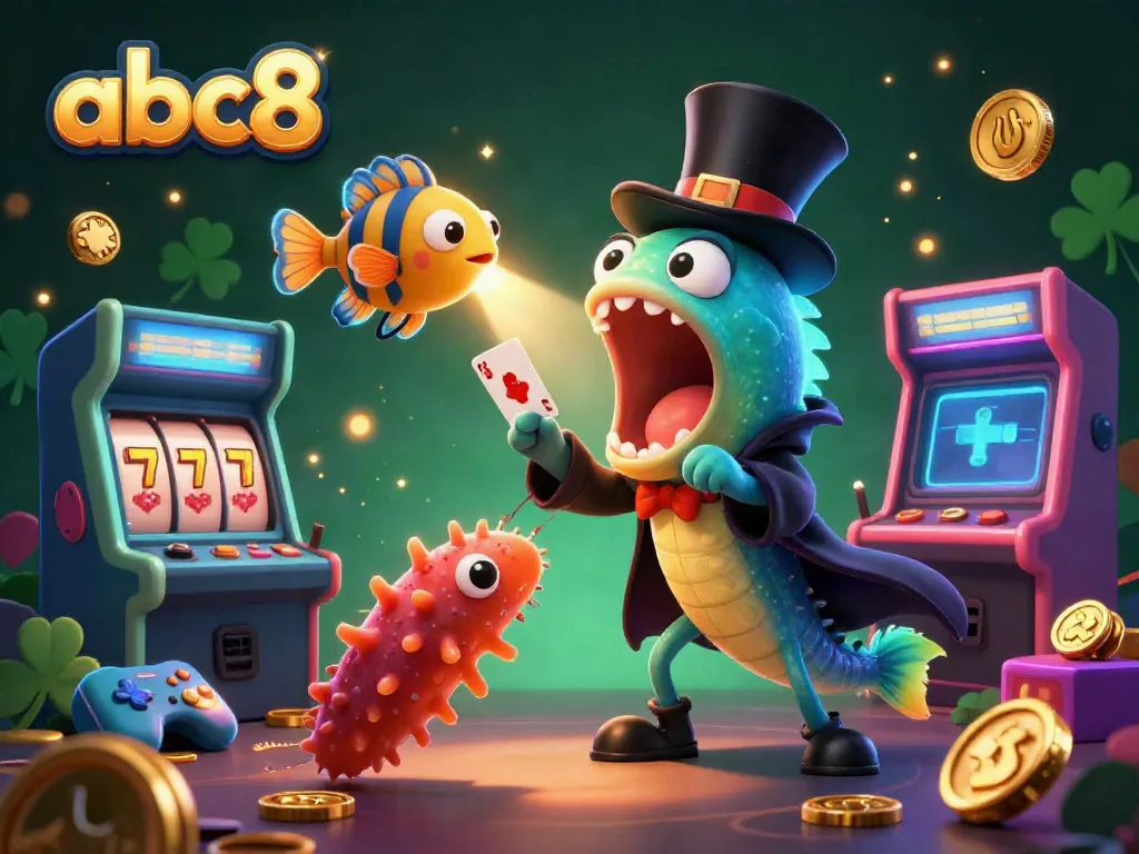 Experience abc8's thrilling 3D casino scene with vibrant characters performing magic tricks amidst dazzling arcade elements.