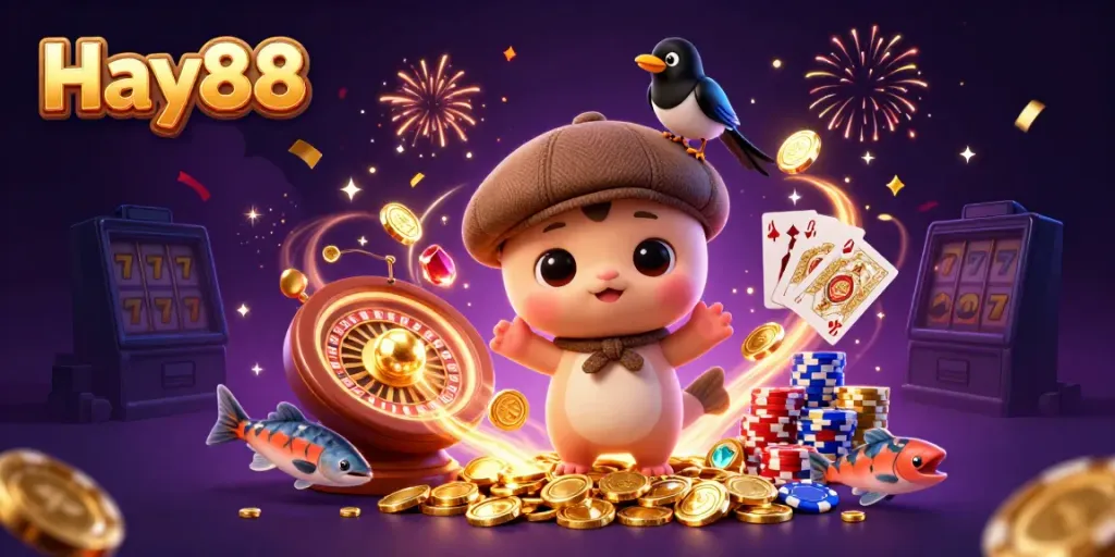Join Hay88 for thrilling casino action with a playful cartoon Nessie and gold-obsessed magpie.