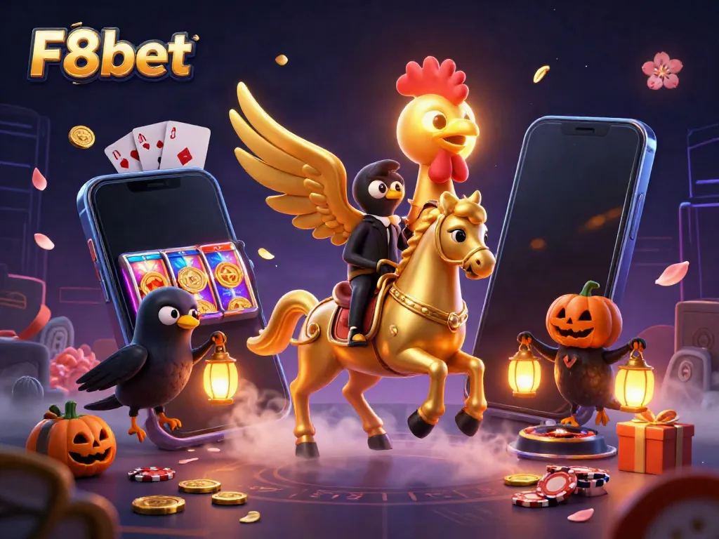 Play thrilling casino games at F8bet, featuring a lively scene with a golden rooster and enchanting lanterns.