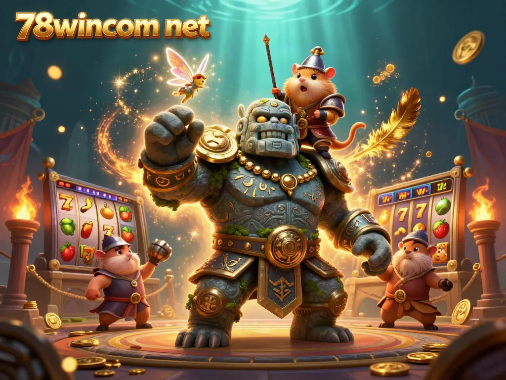 Engage with 78wincom net in this vibrant 3D casino adventure featuring a golem guardian and mystical creatures.