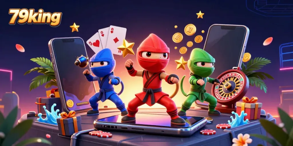Engage with exciting slot games at 79king with colorful 3D digital illustration of chameleons and gaming elements.