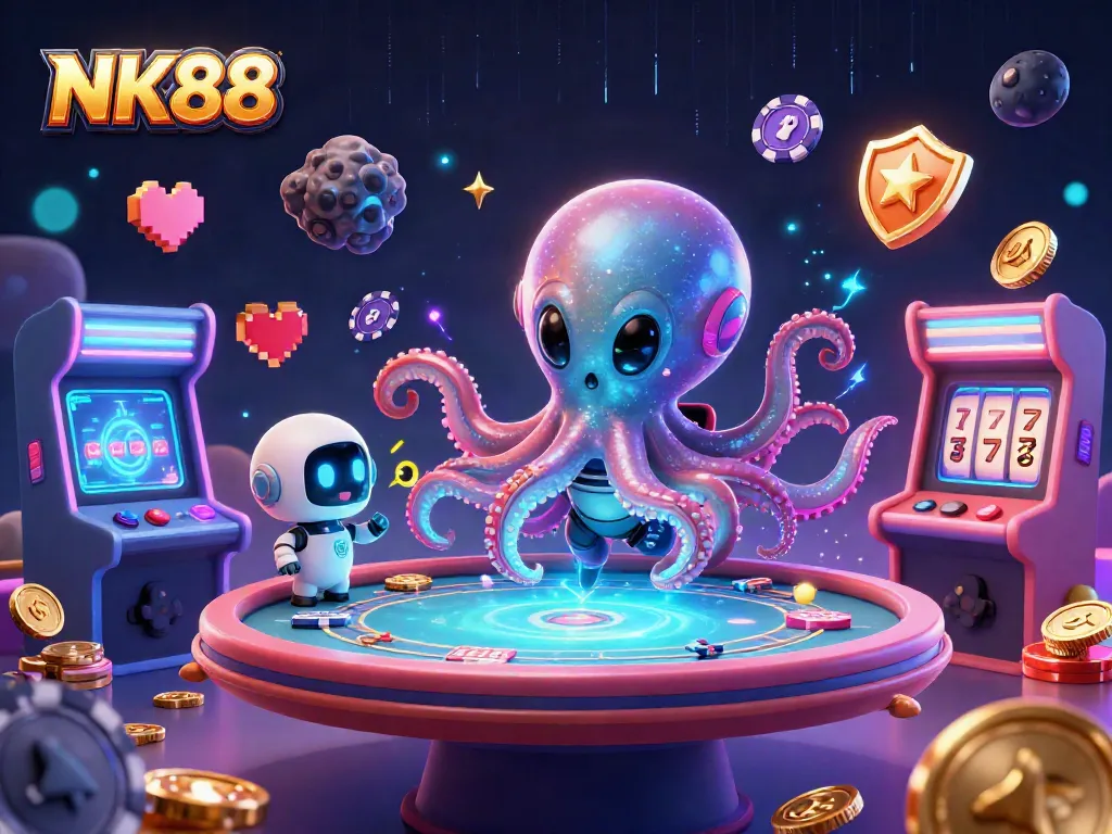 Engage with NK88 gaming features featuring a vibrant alien octopus at a holographic poker table.