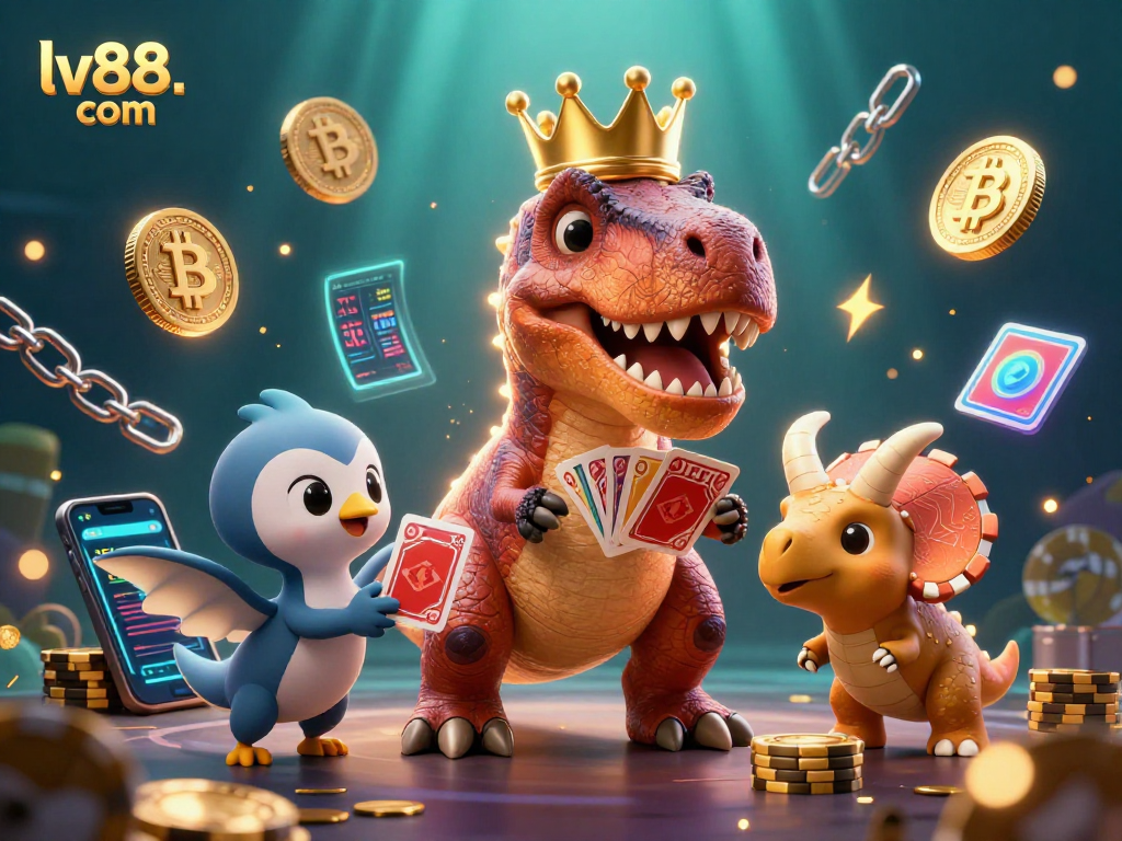 Engage with lv88. com's thrilling gaming experience as a T-Rex shuffles cards and a baby triceratops stacks golden chips.