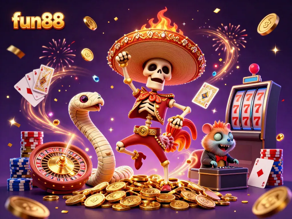 Engage with fun88's dynamic gaming world featuring vibrant characters, coins, and casino elements.