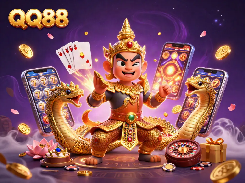 Engage in thrilling gameplay at QQ88 with vibrant slots and exciting casino elements depicted in this vibrant illustration.