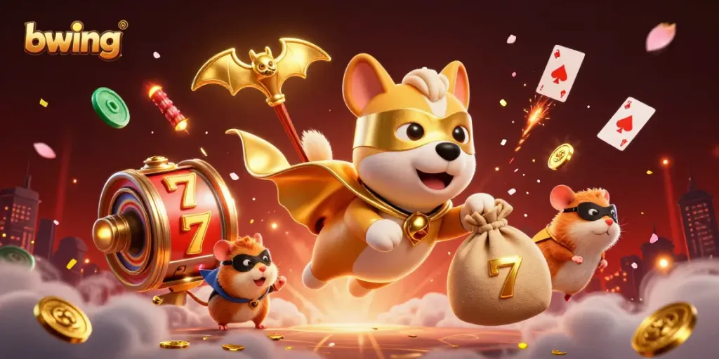 Experience the thrill of bwing with a 3D superhero dog soaring through casino elements, embodying online gaming excitement.