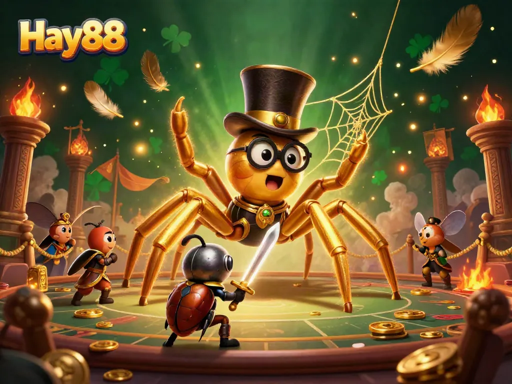 Hay88 features a giant tarantula weaving a golden web among casino elements, inviting adventure.