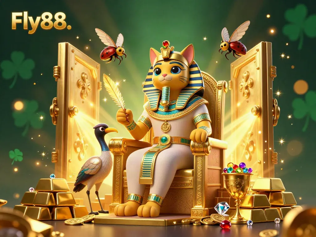 Fly88's dynamic casino scene with a pharaoh cat amidst gold treasures and characters.
