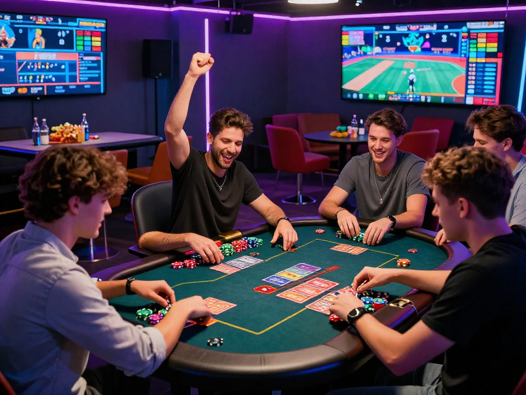 I migliori casino online: scene di gioco entusiasta con giovani adulti in un'accogliente sala da gioco moderna.
