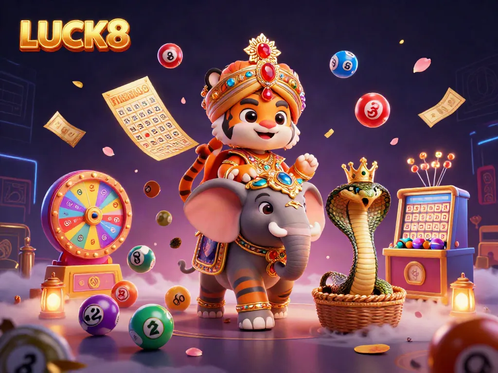 Experience the thrill of LUCK8 with vibrant lottery elements and a dazzling elephant scene.
