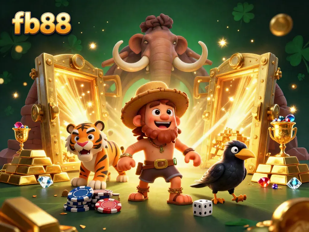 Engage with fb88's prehistoric casino experience featuring unique 3D characters and treasure elements.