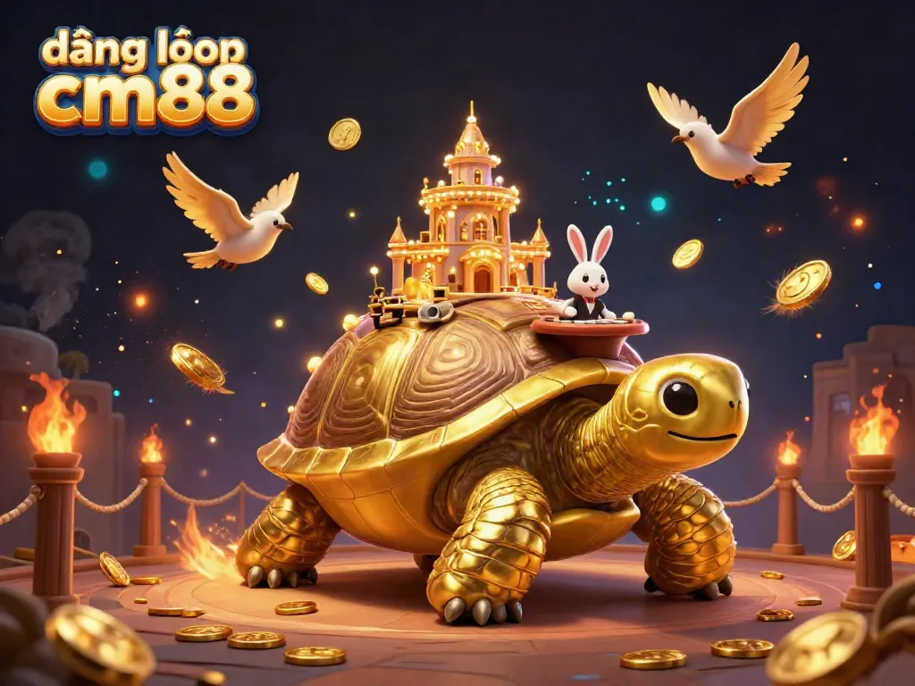 Experience the excitement of đăng nhập cm88 with a vibrant casino scene featuring a golden tortoise and a rabbit dealer.