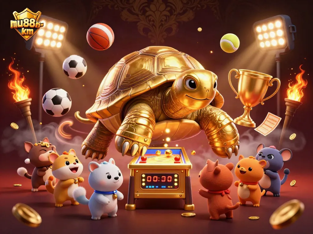 Experience thrilling gameplay at mu88-km with a vibrant 3D illustration of exciting casino and sports gaming.