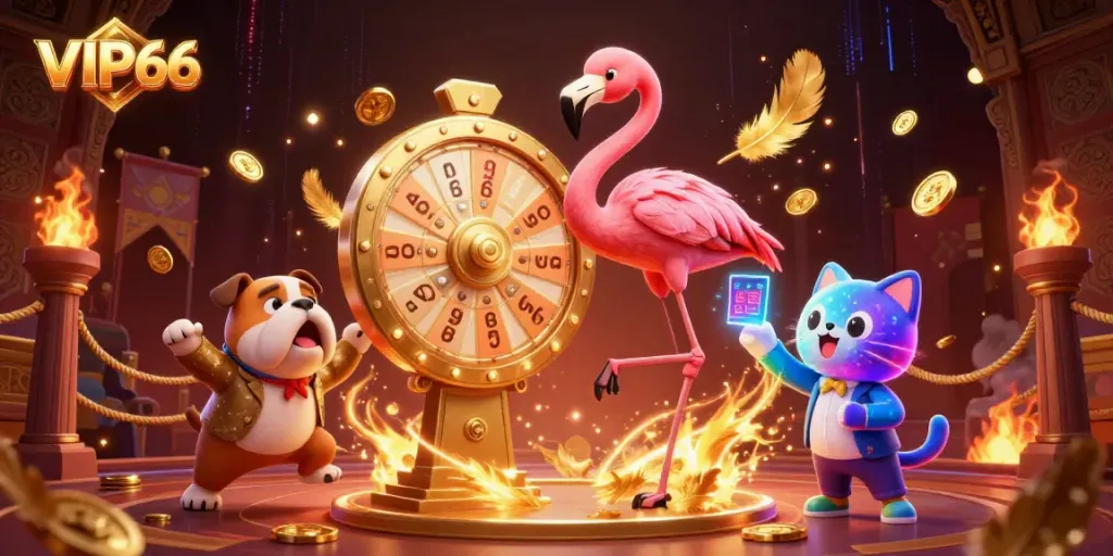 Excited contestant bulldog celebrates a big win at VIP66 Casino with a golden prize wheel.