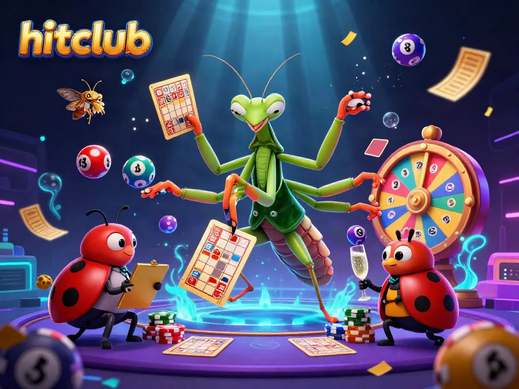 Hitclub illustration featuring a giant praying mantis card sharp and a ladybug pit boss amidst vibrant gaming elements, showcasing casino excitement.