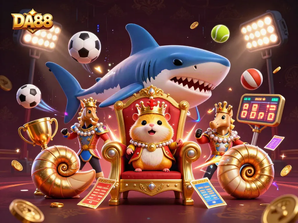 Immerse in DA88's vibrant casino experience, where a golden hamster king presides over sports betting excitement.