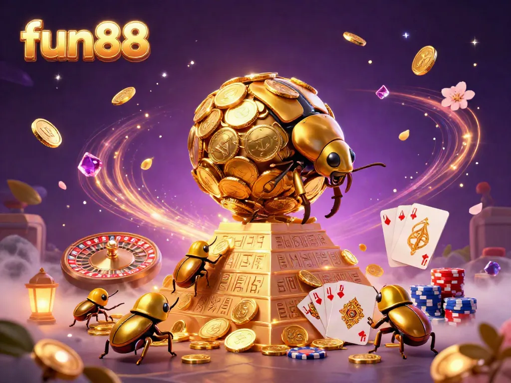The fun88 platform brings a vibrant casino atmosphere with a golden beetle symbolizing treasure, surrounded by gaming elements.