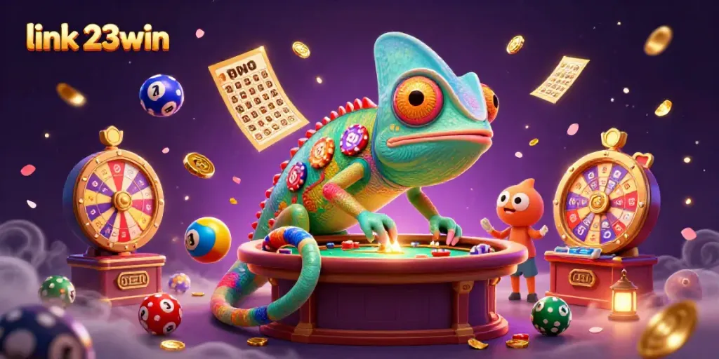 Engage with link 23win at this vibrant casino scene featuring a colorful chameleon owner.