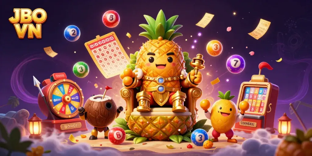 Experience fun at JBO VN with a vibrant scene of a casino featuring a pineapple king, colorful lottery balls, and interactive gaming elements.