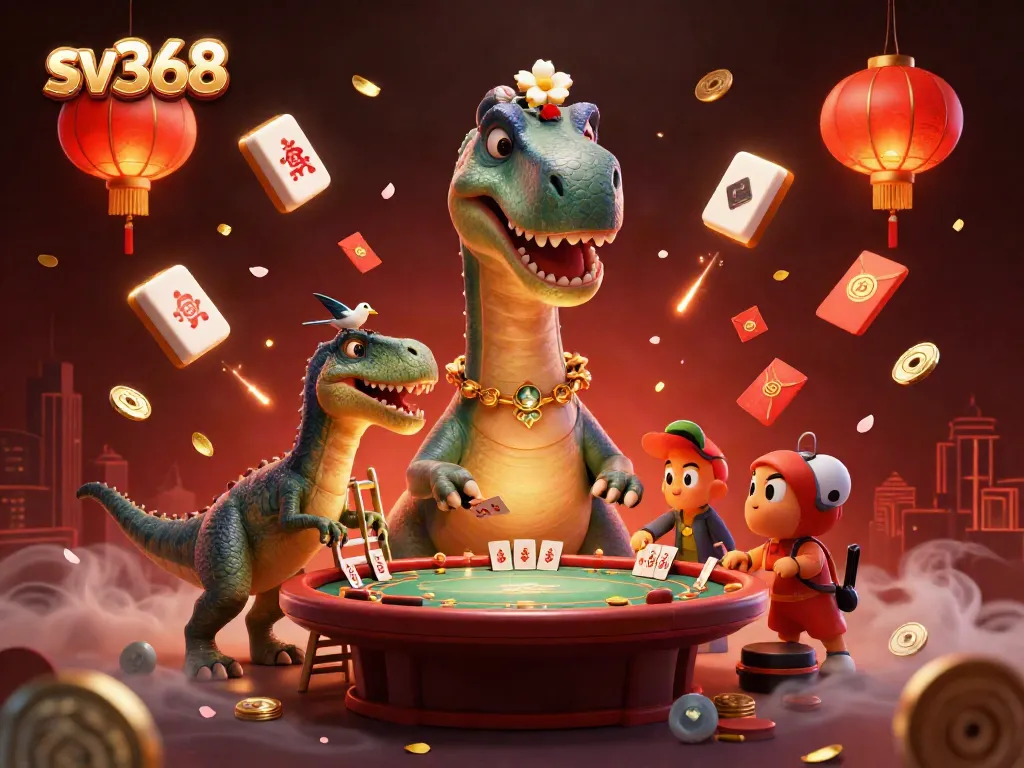 Experience sv368's thrilling casino atmosphere with a unique dinosaur-themed poker scene filled with vibrant elements.