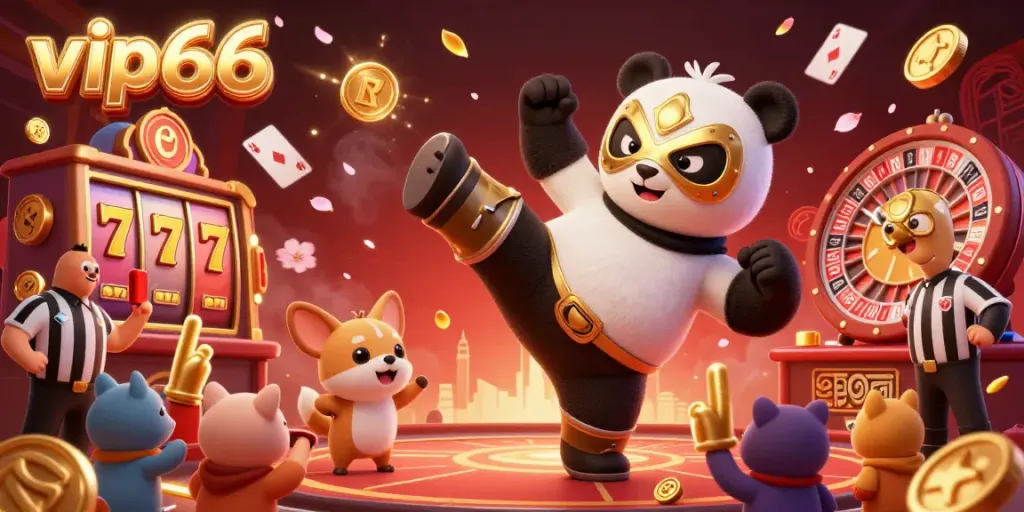 Experience the lively casino atmosphere at vip66 with a playful panda and animal spectators.