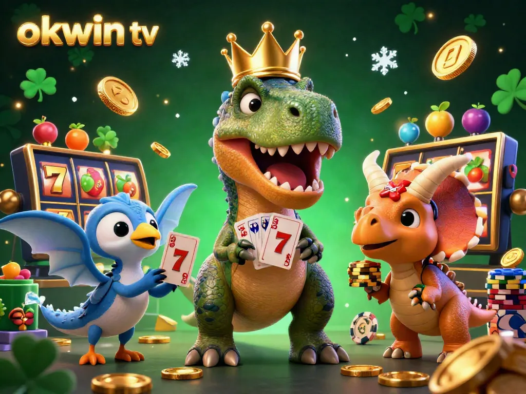 Experience exciting slots gameplay with characters from okwin tv, featuring a T-Rex, pterodactyl, and baby triceratops in a dynamic casino scene.
