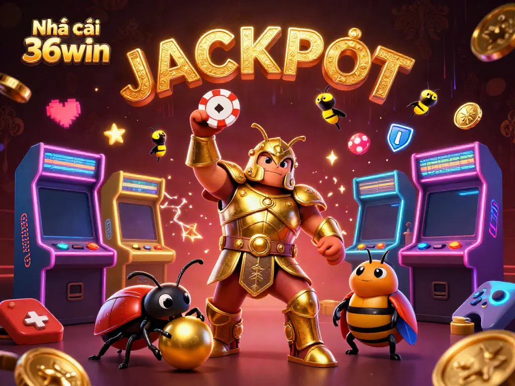 Experience the thrill of Nhà cái 36win with a victorious beetle championing a poker chip surrounded by dynamic gaming elements.