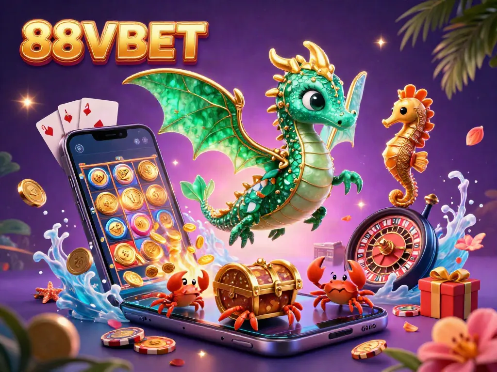 Experience vibrant gameplay with 88VBET including slots and treasures from a dragon and seahorse in a colorful scene.