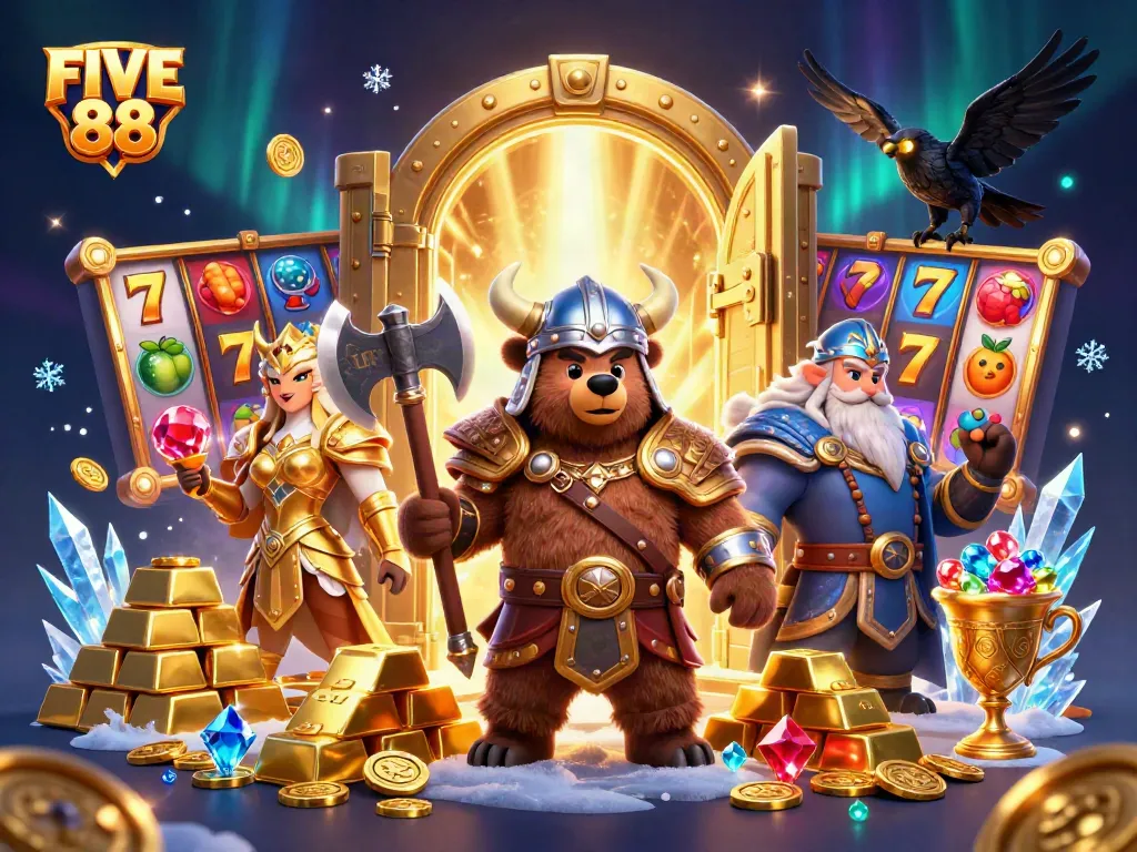 Engage with FIVE 88's thrilling ambiance featuring Viking characters and slot game elements among treasures.