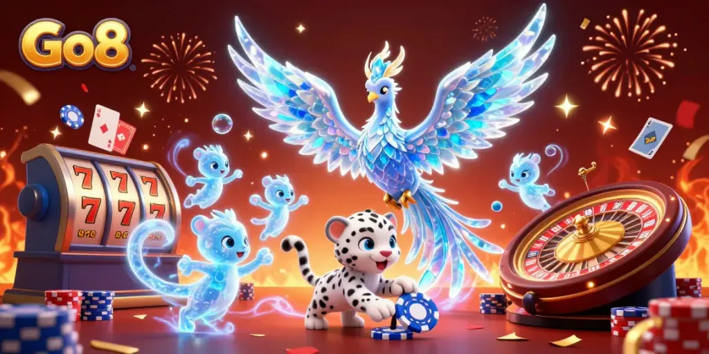 Engage in thrilling gaming action with Go8’s vibrant casino scene, showcasing animated characters and dynamic gambling elements.