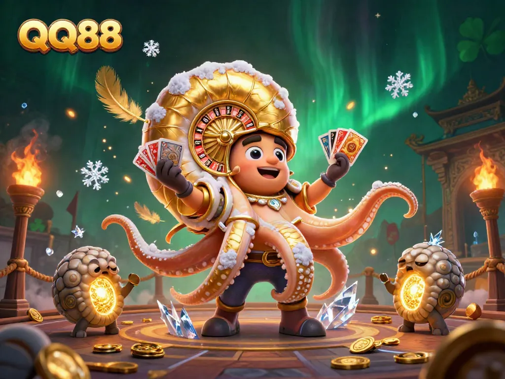 Experience thrilling gaming with QQ88's dynamic scene featuring a giant nautilus roulette wheel.