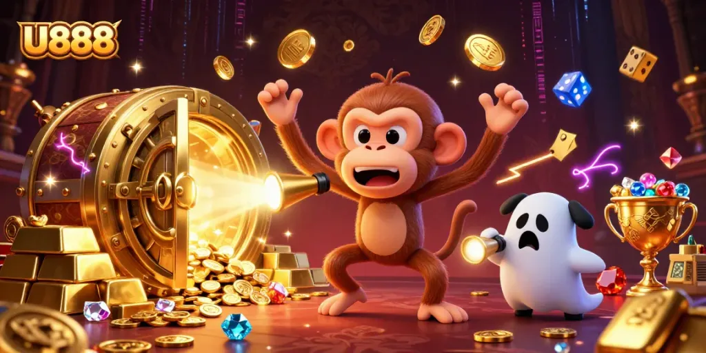 U888's vibrant and packed 3D casino scene featuring a ghost-hunter puppy and a mischievous monkey.