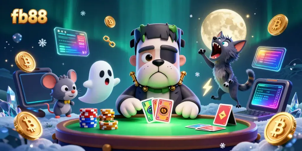 Engage in thrilling gameplay with fb88, where a Frankenstein bulldog deals cards surrounded by vibrant crypto elements.