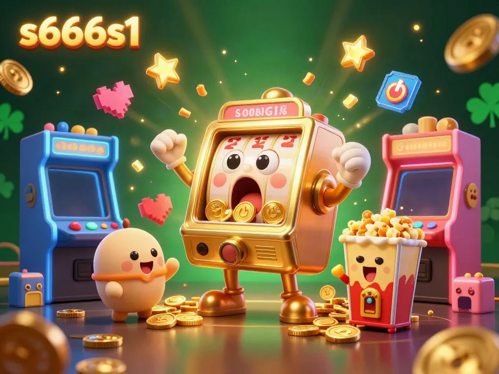 s666s1 slot machine hits jackpot while cheering smaller machines celebrate, illustrating online casino excitement.