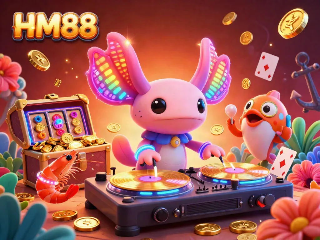 HM88 showcases vibrant casino elements with a neon axolotl DJ and gold coin explosions.