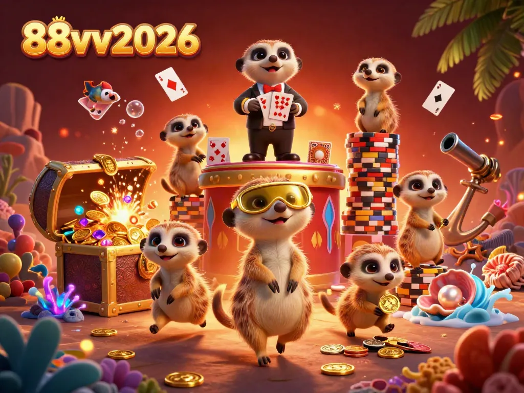 Experience the excitement of gaming at 88vv2026 with a vibrant meerkat casino scene full of treasures.