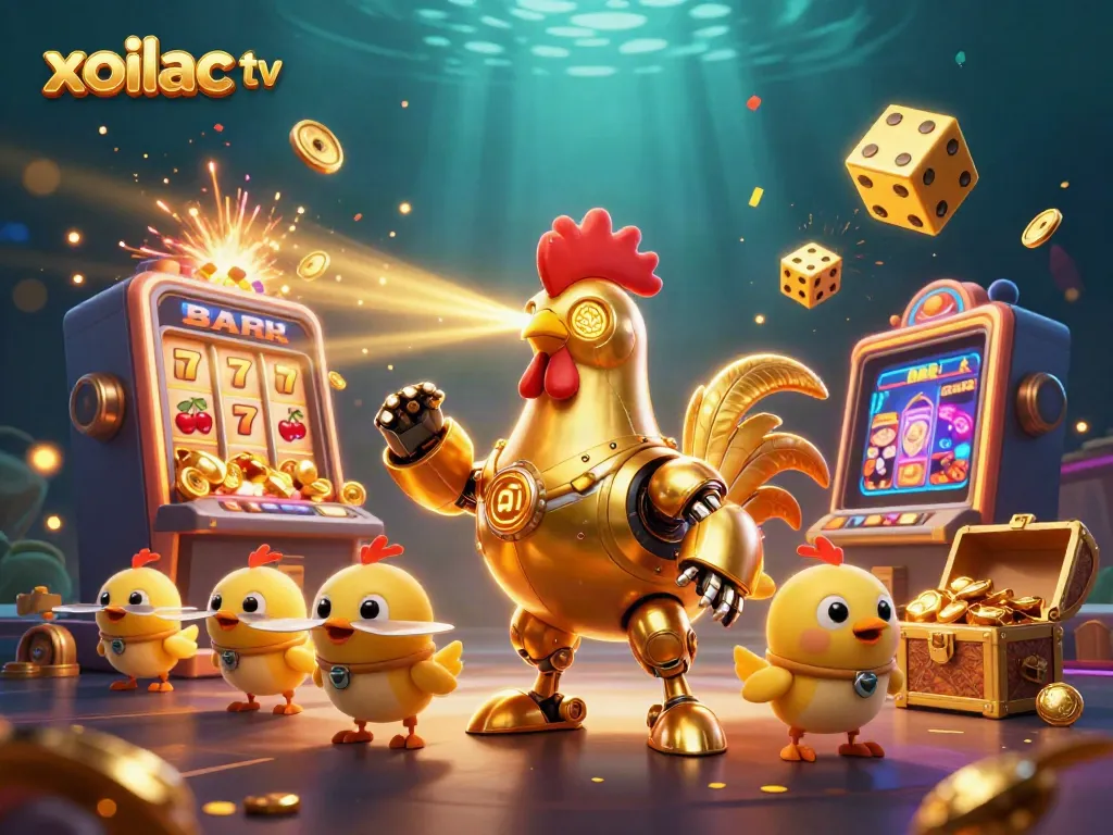 Engage with xoilac tv's exciting games as a golden rooster robot leads a jackpot explosion!