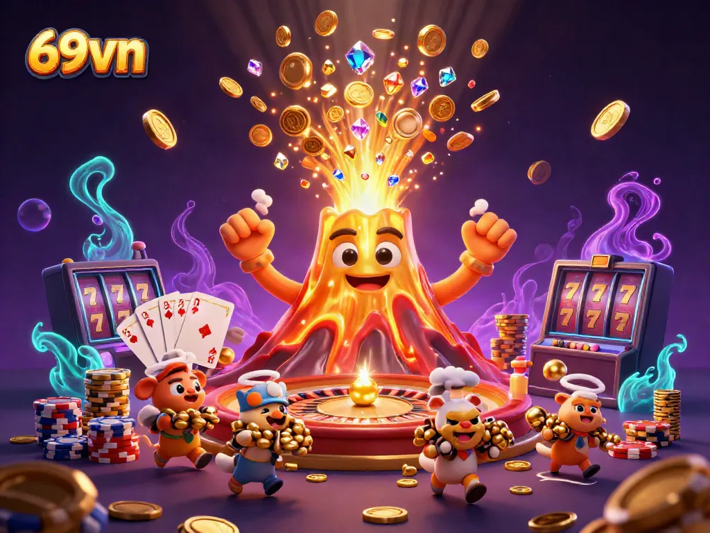 Experience the thrill of gaming with 69vn as golden volcano erupts coins and treasures in a vibrant casino scene.