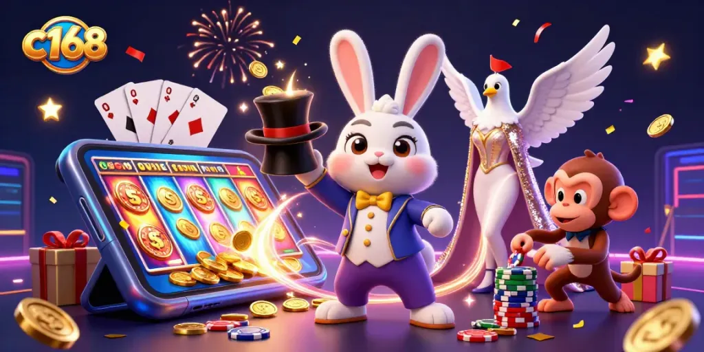 C168 magic scene with a magician rabbit pulling coins, showcasing vibrant casino elements.