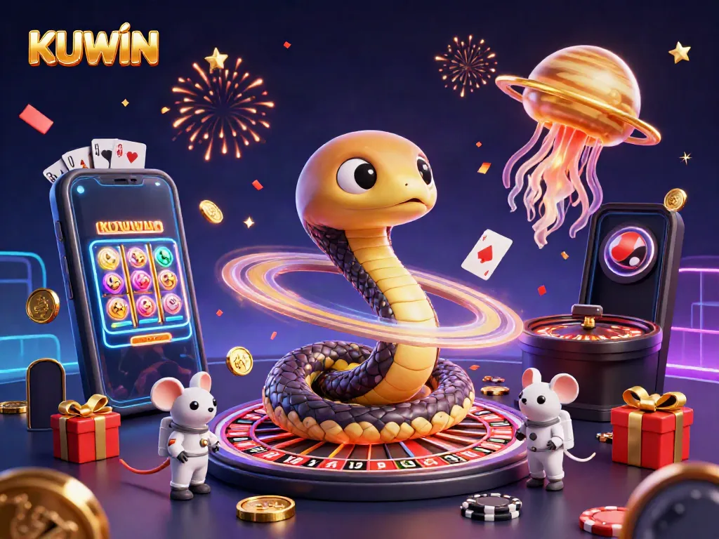 Engaging KUWIN casino scene with playful characters and dynamic gambling elements capturing excitement.